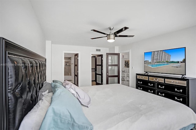 bedroom featuring connected bathroom and ceiling fan