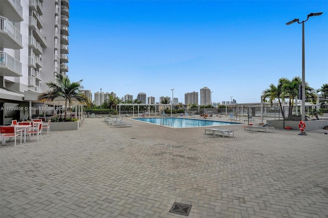 view of swimming pool with a patio area