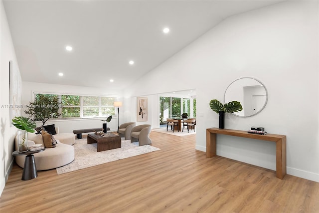 living room with high vaulted ceiling and light hardwood / wood-style flooring