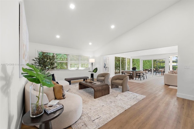 living room featuring a healthy amount of sunlight, high vaulted ceiling, and light hardwood / wood-style flooring