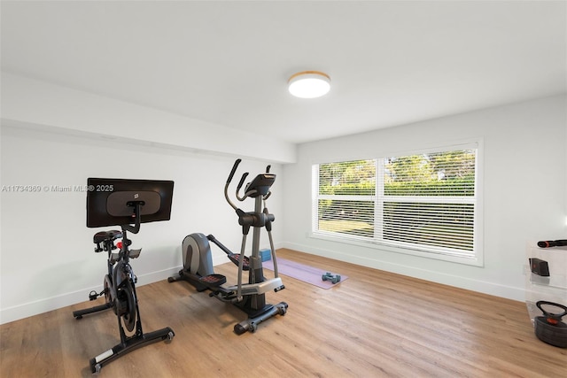 workout area with hardwood / wood-style floors