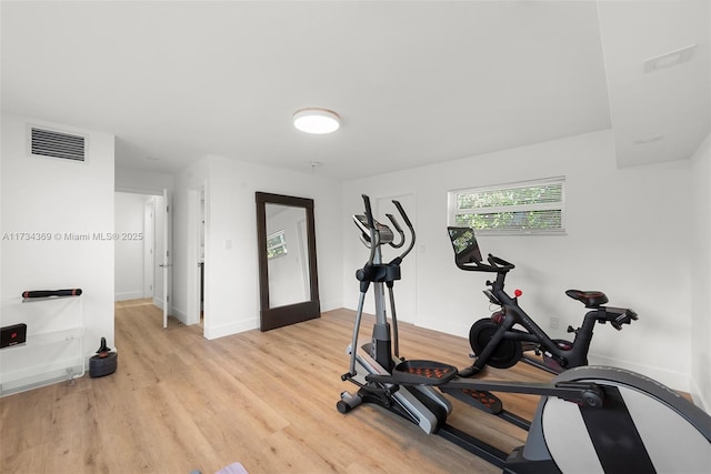 workout room featuring light hardwood / wood-style floors