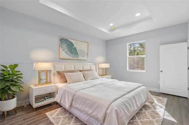 bedroom featuring a raised ceiling and hardwood / wood-style floors