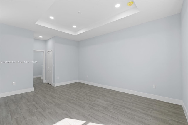 empty room with a raised ceiling and light hardwood / wood-style floors