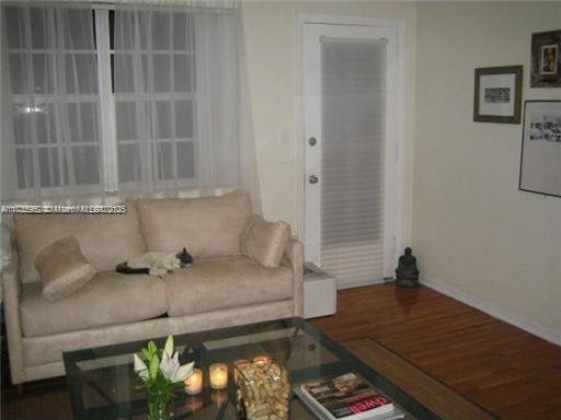 living room with dark hardwood / wood-style flooring