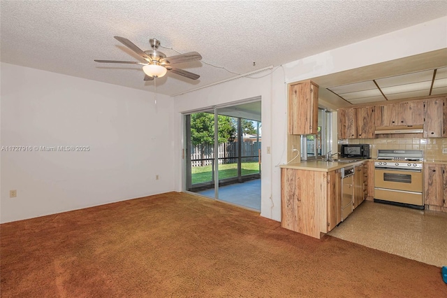 kitchen with a textured ceiling, stainless steel dishwasher, stove, ceiling fan, and backsplash