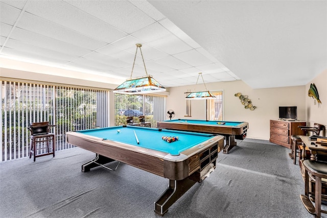 rec room featuring billiards and carpet flooring