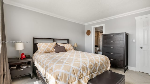 tiled bedroom with ornamental molding