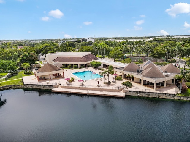 aerial view featuring a water view