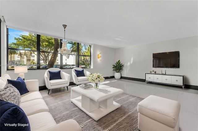 living room featuring an inviting chandelier