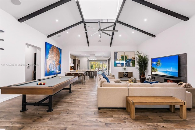 living room featuring wood-type flooring, ceiling fan, high vaulted ceiling, billiards, and beamed ceiling