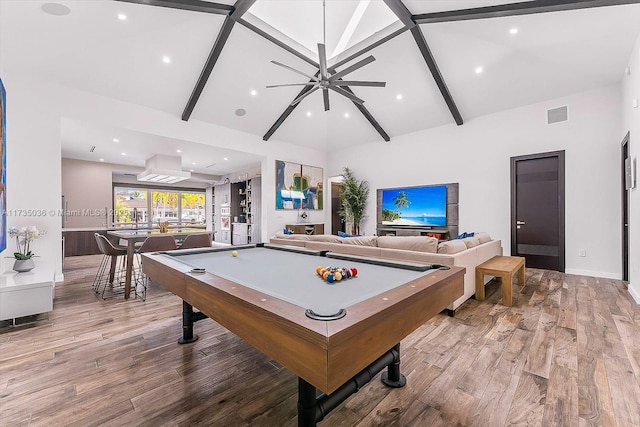 recreation room with hardwood / wood-style flooring, billiards, high vaulted ceiling, and beamed ceiling