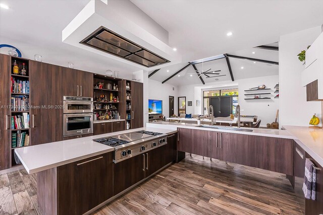 kitchen featuring hardwood / wood-style floors, dark brown cabinets, sink, and appliances with stainless steel finishes