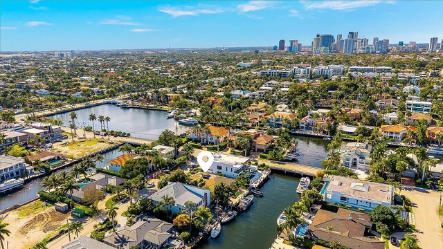 bird's eye view with a water view