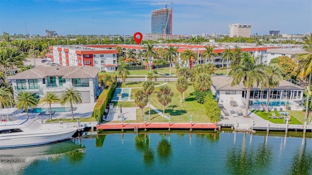 bird's eye view with a water view