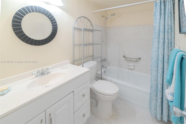 full bathroom featuring vanity, tile patterned floors, shower / bath combination with curtain, and toilet