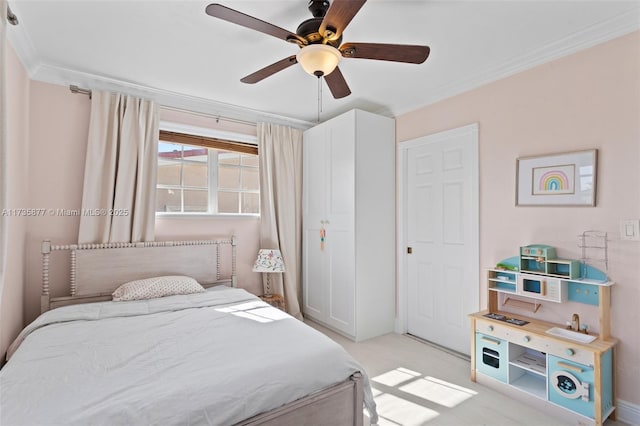 bedroom with ornamental molding, light colored carpet, and ceiling fan