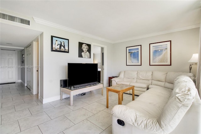 living room with ornamental molding and light tile patterned flooring