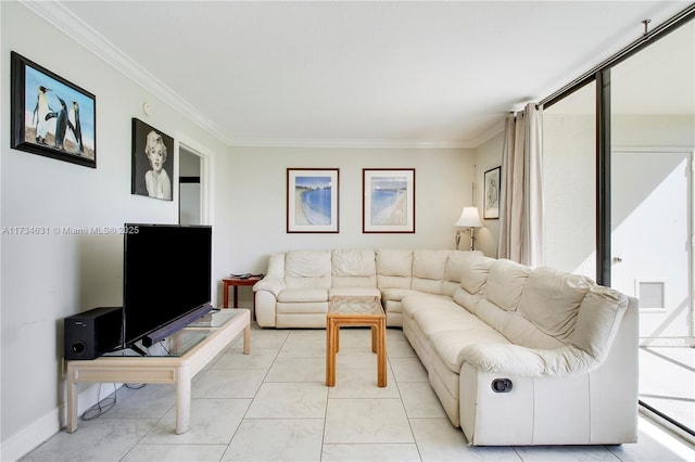 living room featuring ornamental molding and light tile patterned flooring