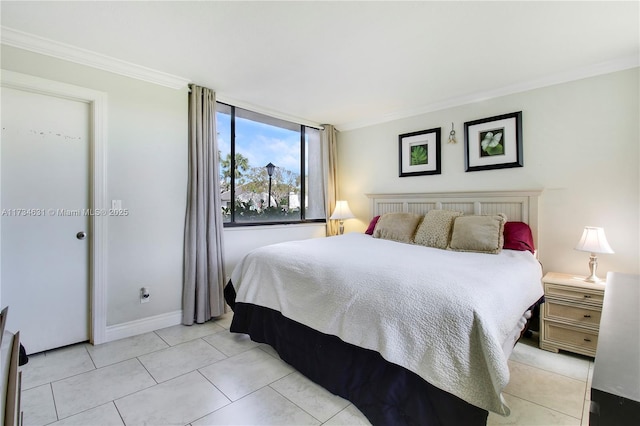 tiled bedroom with ornamental molding