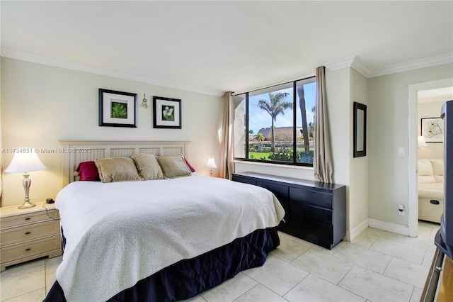 bedroom featuring ornamental molding and light tile patterned floors