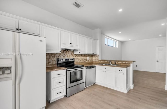 kitchen with sink, white cabinetry, stainless steel appliances, decorative backsplash, and kitchen peninsula