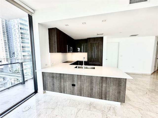 kitchen with sink, a wall of windows, dark brown cabinets, black electric cooktop, and kitchen peninsula