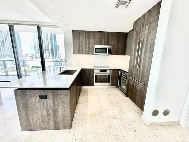 kitchen with floor to ceiling windows, sink, dark brown cabinets, appliances with stainless steel finishes, and kitchen peninsula