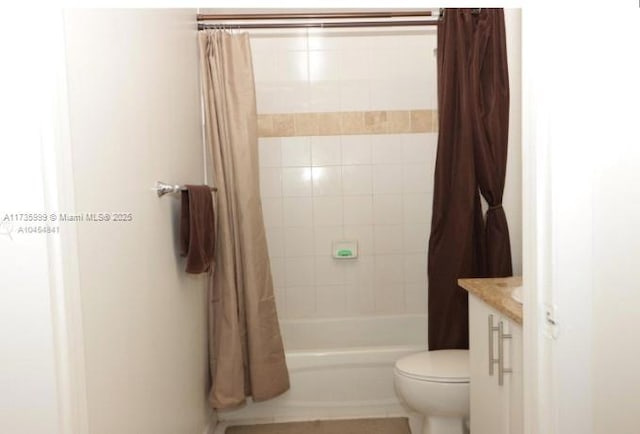 full bathroom with shower / bathtub combination with curtain, vanity, and toilet