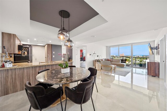 dining space featuring a tray ceiling and sink