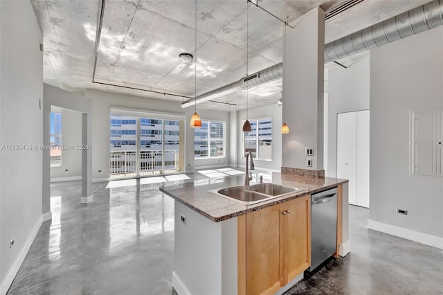 kitchen with sink, stainless steel dishwasher, concrete floors, and dark stone counters