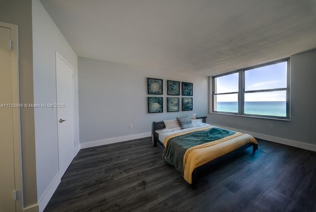 bedroom featuring a water view and dark wood-type flooring