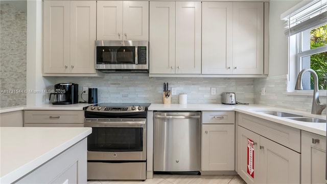 kitchen featuring stainless steel appliances, white cabinetry, sink, and backsplash