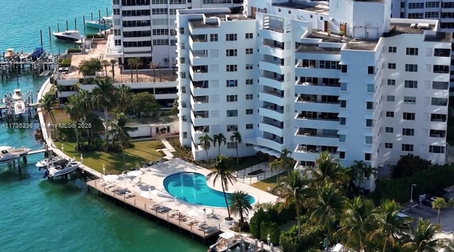 aerial view featuring a water view