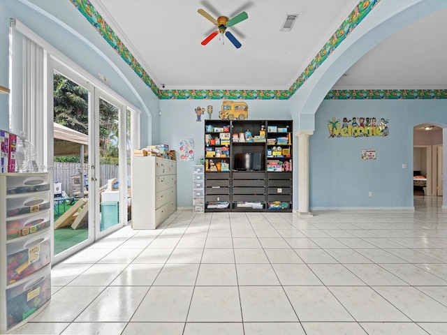 15804 SW 99th Ter, Miami, FL 33196 - unfurnished room featuring arched walkways, ceiling fan, crown molding, and tile patterned flooring