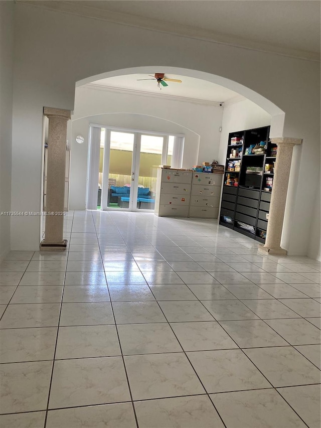 15804 SW 99th Ter, Miami, FL 33196 - tiled empty room featuring ornamental molding, a ceiling fan, and arched walkways
