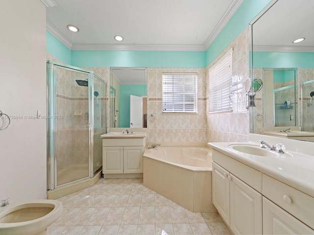 15804 SW 99th Ter, Miami, FL 33196 - bathroom with crown molding, a shower stall, a garden tub, two vanities, and recessed lighting