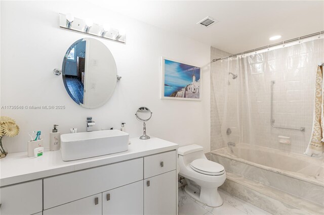 full bathroom with vanity, shower / bathtub combination with curtain, and toilet