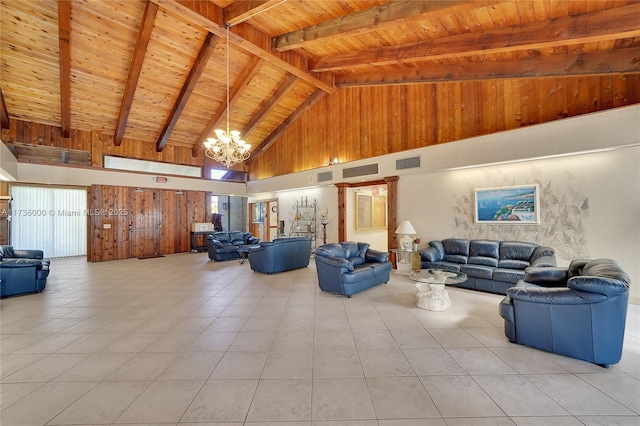 tiled living room with a notable chandelier, wood ceiling, high vaulted ceiling, and beamed ceiling