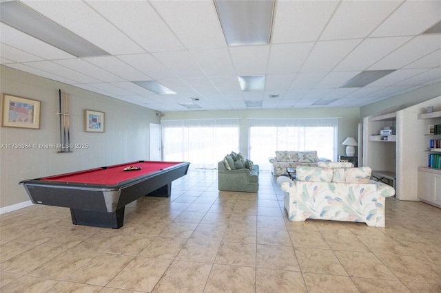 rec room featuring a paneled ceiling, billiards, built in features, and light tile patterned floors