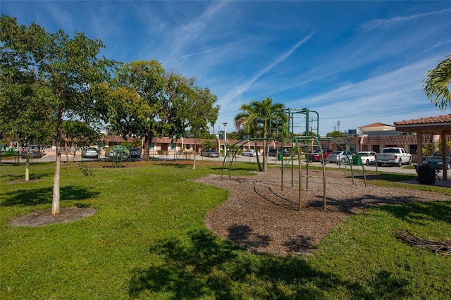 view of play area featuring a lawn