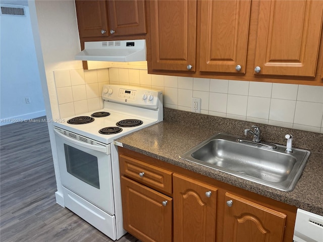 kitchen featuring dark wood-type flooring, sink, tasteful backsplash, and white range with electric stovetop