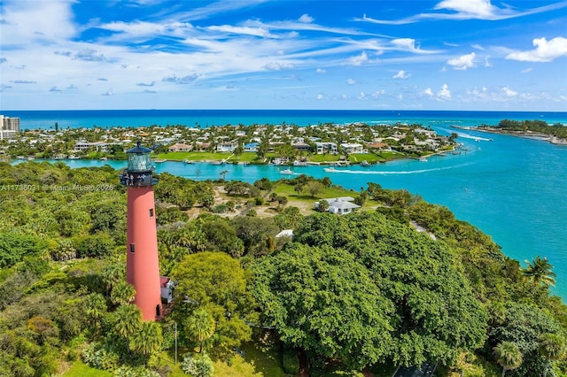 aerial view featuring a water view