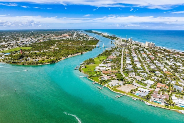 aerial view featuring a water view