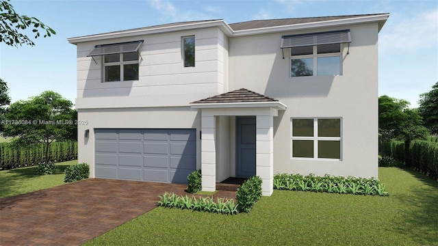 view of front of home with a garage, a front yard, and stucco siding