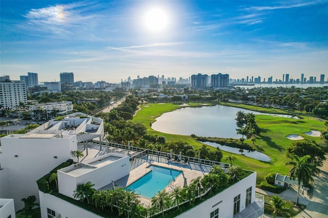 bird's eye view with a water view