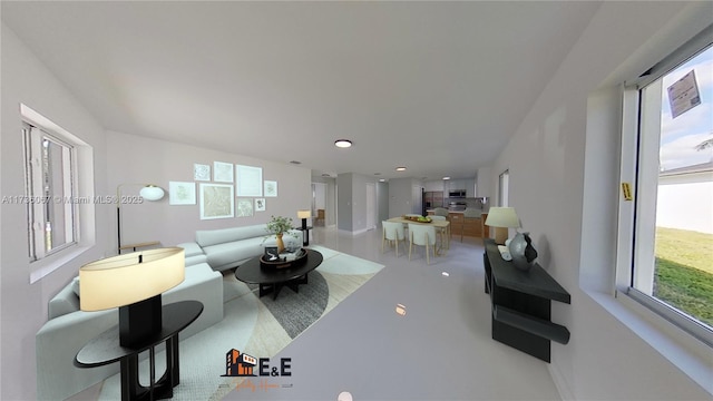 living room with concrete floors