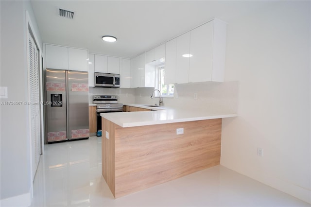 kitchen featuring sink, white cabinetry, backsplash, stainless steel appliances, and kitchen peninsula