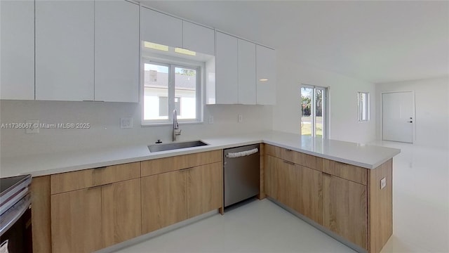 kitchen featuring sink, appliances with stainless steel finishes, white cabinetry, a wealth of natural light, and kitchen peninsula