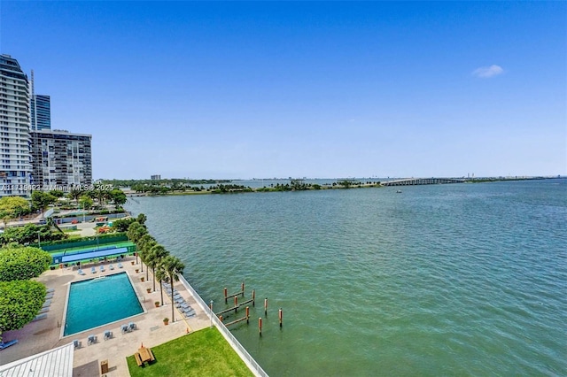 view of water feature with a dock